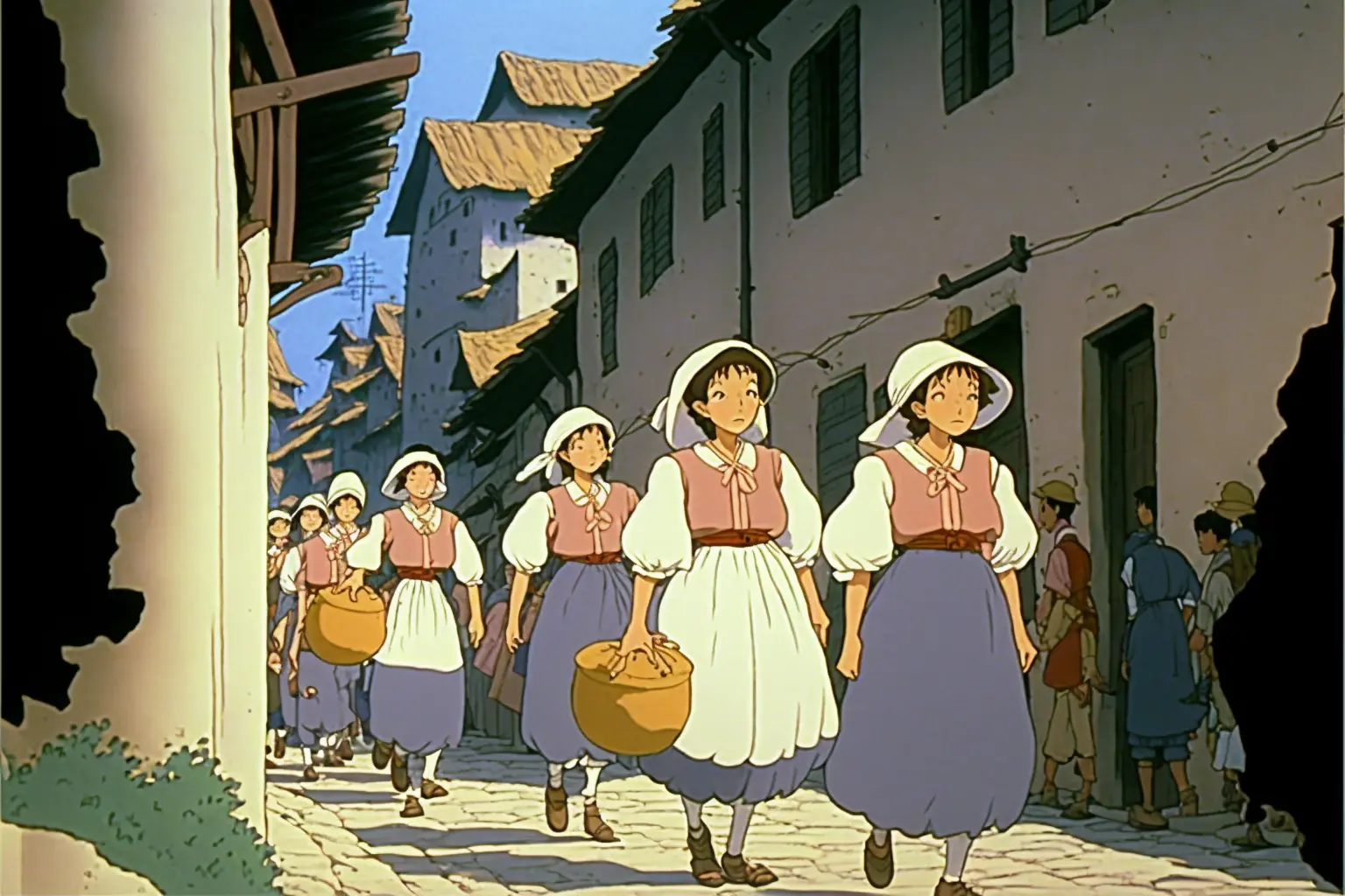 DVD screengrab from studio ghibli movie, rebel peasants in a village panicking, directed by Hayao Miyazaki, retro anime